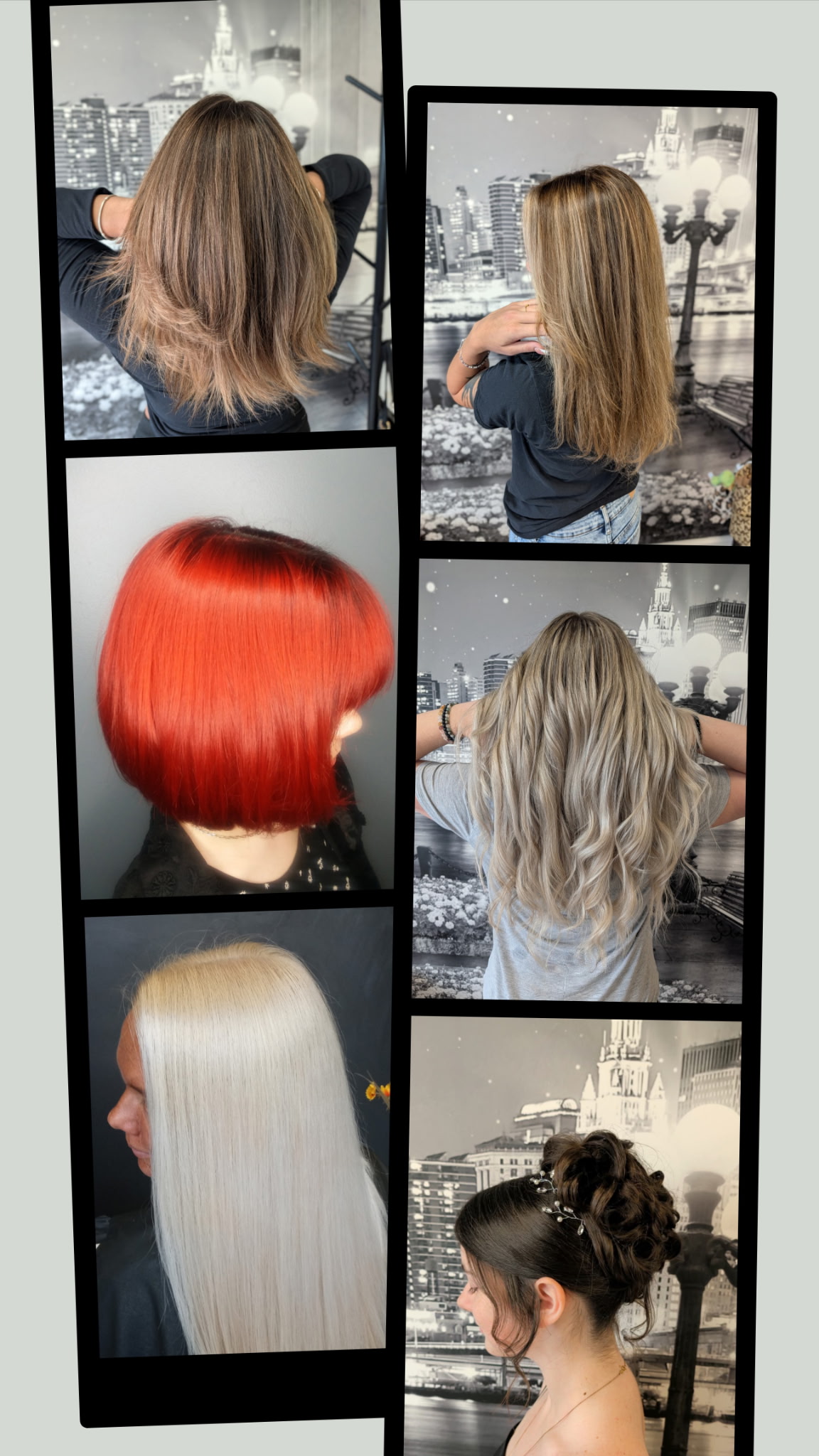 Collage of hair work from the studio: dimensional brunette, blended blonde highlights, a vivid red bob, soft blonde waves, platinum blonde, and a formal updo