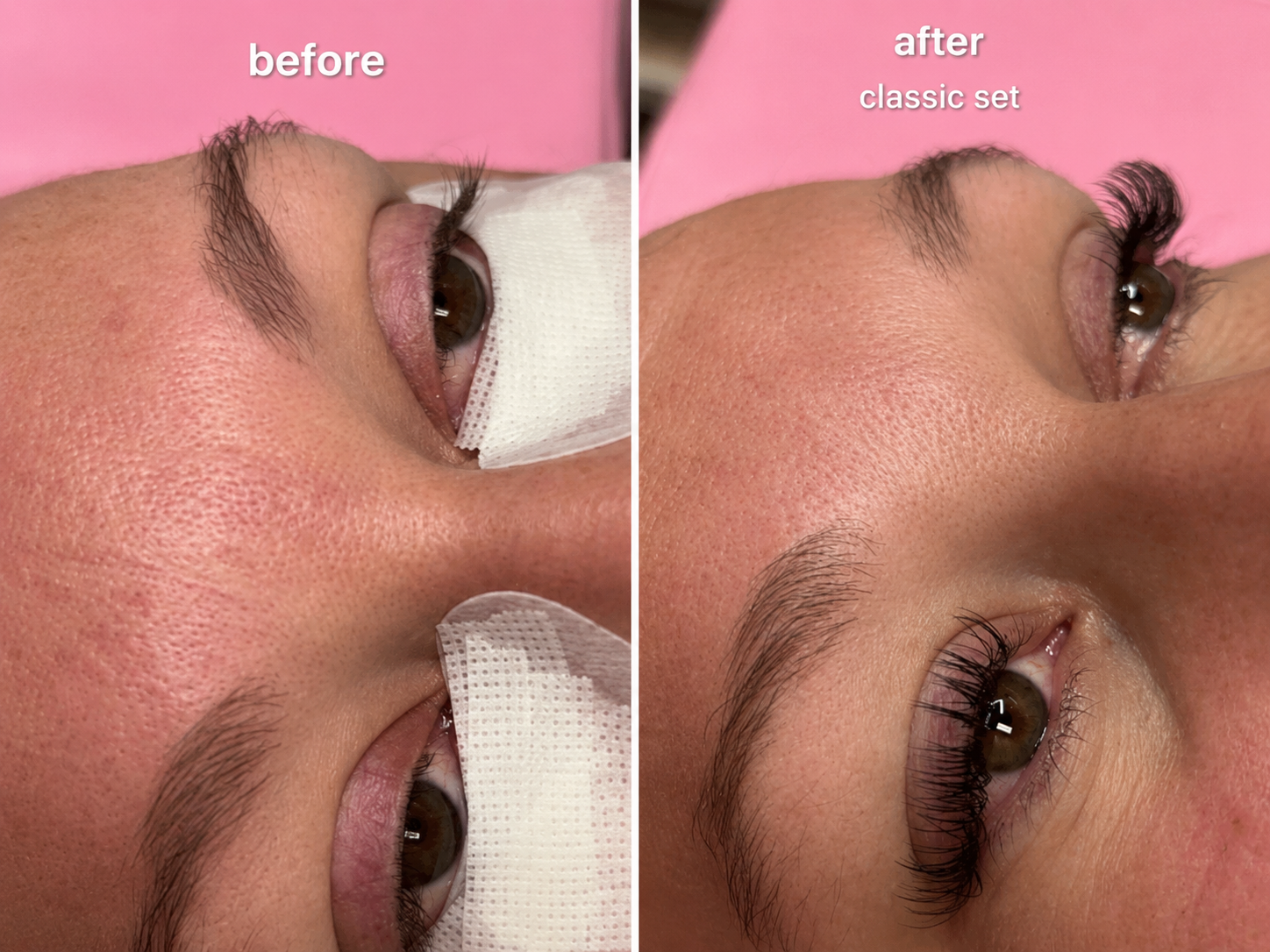 Before and after photo of a classic lash set applied at the studio