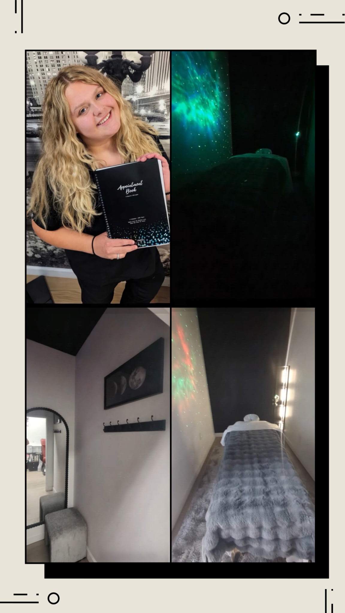Collage of the massage suite: a smiling team member with the appointment book, a starlit ambient projector, a cozy entry, and a massage table with a plush throw