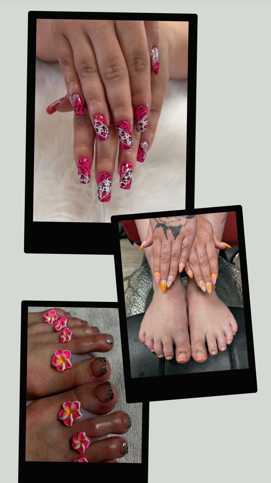Collage of nail work: pink animal-print nails with silver glitter, orange starfish almond nails with a matching pedicure, and a French-tip pedicure with pink flower toe separators